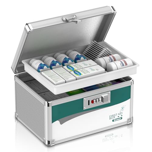 Glosen Medicine Lock Box with Code, 2-Layer Aluminum Alloy Medicine Organizer Box with Removable Tray, Portable Medication Lock Box with Shoulder Strap for Home Safety, Travel & Office (10x6.7x6.7In) - size: Small-10in