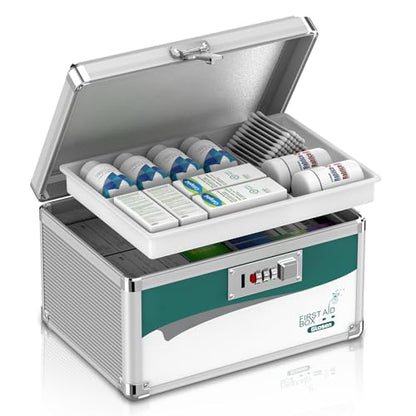 Glosen Medicine Lock Box with Code, 2-Layer Aluminum Alloy Medicine Organizer Box with Removable Tray, Portable Medication Lock Box with Shoulder Strap for Home Safety, Travel & Office (10x6.7x6.7In) - size: Small-10in
