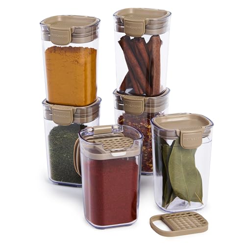ProKeeper Progressive Seasoning & Spice Storage Container Set, 6 Airtight 5-Oz Keepers with Removable Shaker and Leveler Inserts, Stackable, BPA-Free, Dishwasher Safe, Taupe - color: Taupe
