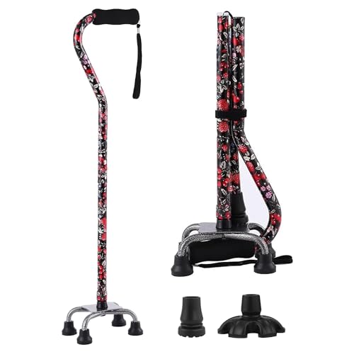 Floral Quad Cane for Women, Adjustable Walking Canes with 3-in-1 Interchangeable Base(3 Tips) for Versatile Support, Stylish & Stable Mobility Aid for Seniors Confidence - color: Strawberry Flower