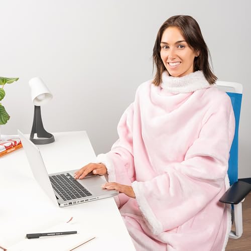 PAVILIA Sherpa Wearable Blanket with Sleeves and Pocket, Plush Thick Cozy Body Blanket Wrap for Adult Women Men, Christmas Gift for Wife Mom, Light Pink - color: Light Pink