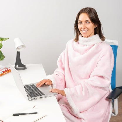 PAVILIA Sherpa Wearable Blanket with Sleeves and Pocket, Plush Thick Cozy Body Blanket Wrap for Adult Women Men, Christmas Gift for Wife Mom, Light Pink - color: Light Pink