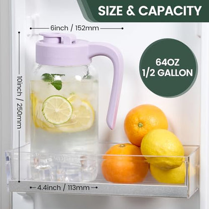 Mason Jar Pitcher, 64 oz (2 quart), Glass Pitcher with Lid | Airtight, Leak proof, Ergonomic Handle, Pour Spout Lid, Fridge Safe, for Sun Tea, Iced Tea, Cold Brew, Lemonade, Outside - color: Purple