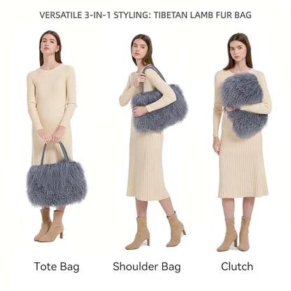 Women Luxury Real Curly Mongolian Lamb Fur Purse - color: Gray