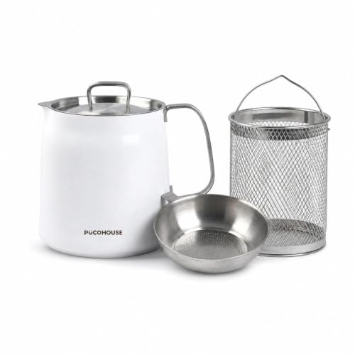 304 Stainless Steel Deep Fryer Pot with Basket & Oil Strainer, Japanese Tempura Fryer, Bacon Grease Container, Oil Filter Pot Compatible with All Cooktops (White, 2 Liters/68 Ounces) - color: White, size: 2 Liters/68 Ounces