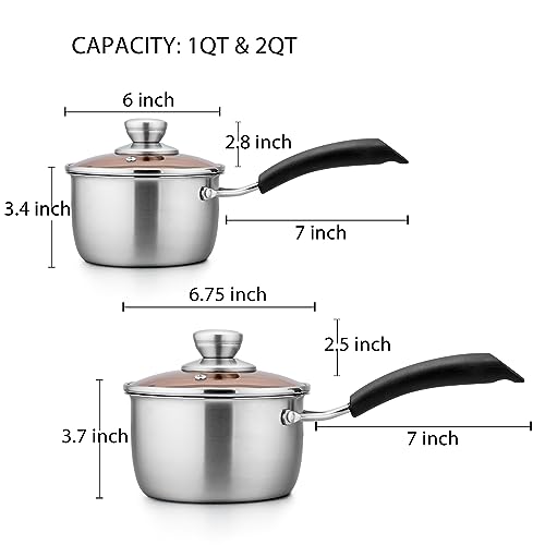 TeamFar 1qt & 2qt Saucepan with Lid, Stainless Steel Small Cooking Pot | Milk Sauce Pan with Long Handle for Home Kitchen, Non-Toxic & Heavy-Duty, Multi-use & Dishwasher Safe - size: 1QT+2QT