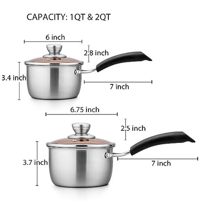 TeamFar 1qt & 2qt Saucepan with Lid, Stainless Steel Small Cooking Pot | Milk Sauce Pan with Long Handle for Home Kitchen, Non-Toxic & Heavy-Duty, Multi-use & Dishwasher Safe - size: 1QT+2QT