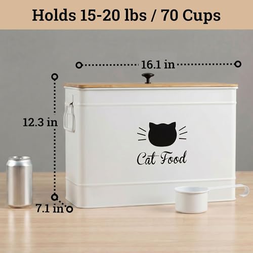 Metal Cat Food Container with Scoop, 15lb (50 Cup) w/ Airtight Bamboo Lid - color: White