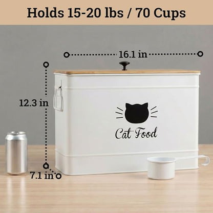 Metal Cat Food Container with Scoop, 15lb (50 Cup) w/ Airtight Bamboo Lid - color: White