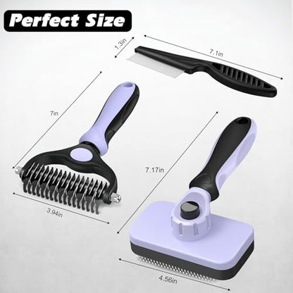 Professional 3PCS Self Cleaning Slicker Brush & Pet Grooming Rake & Flea Comb for Dogs,Cats and Horses | Double-Sided Dematting Comb & Skin Friendly Deshedding Grooming Tool (Light Purple) - color: Light Purple