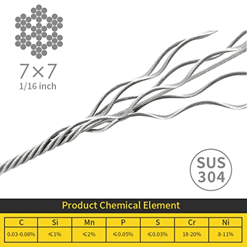 1/16 Wire Rope, 100FT 304 Stainless Steel Cable with 50Pcs Crimp Sleeves, Aircraft Grade, 7x7 Strand, 368lbs Breaking Strength, for Garden Trellis, Clothesline, Railing,Trellis - size: 100 ft