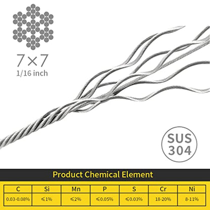 1/16 Wire Rope, 100FT 304 Stainless Steel Cable with 50Pcs Crimp Sleeves, Aircraft Grade, 7x7 Strand, 368lbs Breaking Strength, for Garden Trellis, Clothesline, Railing,Trellis - size: 100 ft