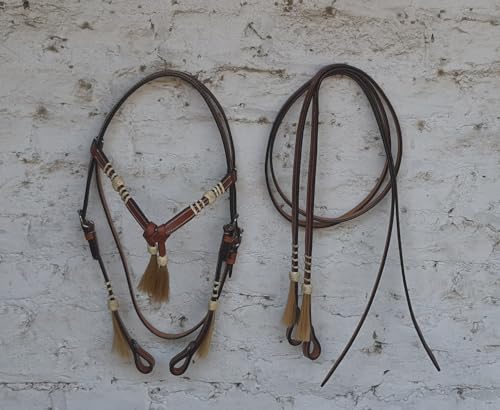 Leather Bridle Western Tack Full Grain Leather Adjustable Bridle for Horse Horse Knotted Browband Headstall with Reins 78Rawhide - Brown