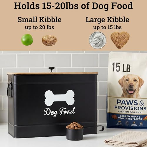 Metal Dog Food Container 15-20 lbs w/ Airtight Bamboo Lid, 70 Cup Capacity - color: Black