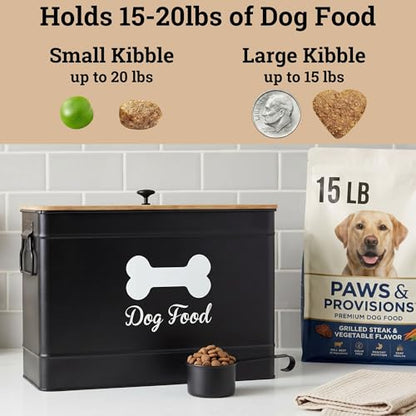 Metal Dog Food Container 15-20 lbs w/ Airtight Bamboo Lid, 70 Cup Capacity - color: Black