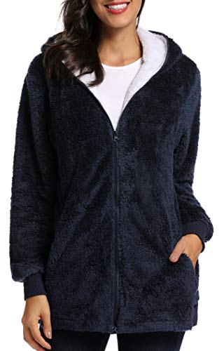Fleece Coat for Women,Women's Oversized Zip Up Hooded Jacket Winter Plus Size Sherpa Coat - color: Anavyblue, size: Medium