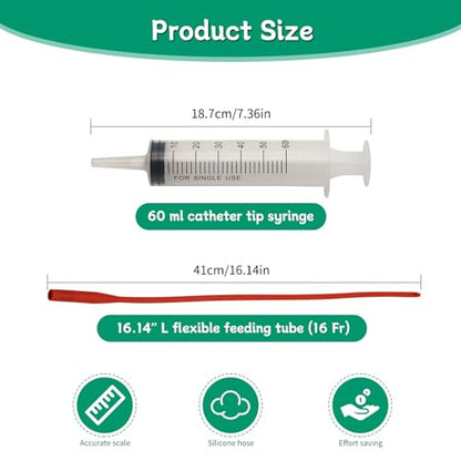 Lamb and Goat Kid Feeding Kit 2-Tube (16 FR), 1-Syringe 60ml Reusable Drench Goat Syringe for Lamb, Dog, Sheep,Piglet,Rabbit Feeding (16''L Red Tube)