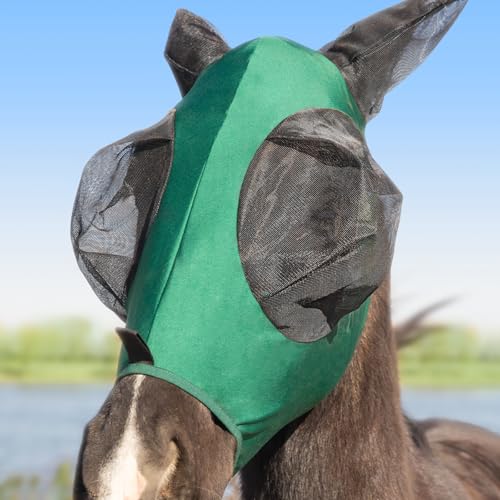 Stretchy Menjo Outdoors Horse Fly Mask with Ears, UV Protection for Horses, Breathable Comfortable Forest Green Fly Mask Suitable for Quarter Horses, Warmbloods, Draft Horses Thoroughbreds 15-17 Hands - color: Deep Green