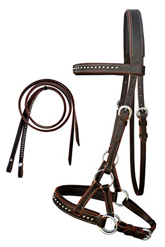 CHALLENGER Horse Western English Leather Bitless Sidepull Bridle Reins Brown Cob 7708BR-C