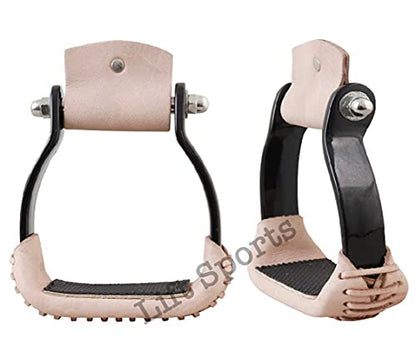 Western Horse Saddle Stirrups Aluminum w/Leather Barrel Racing 5" Wide Orange/Black/Silver (Silver)