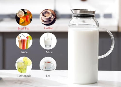Purefold 68 Ounces Glass Pitcher with Lid, Hot/Cold Water jug for Coffee | Coffee, lemonade, iced tea, juice pitcher. Leakproof stainless steel lid, dishwasher safe. BPA free borosilicate glass. - size: 68 Ounces