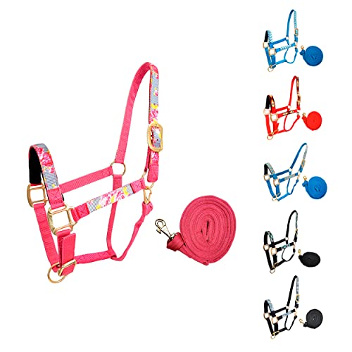 Patterned Nylon Adjustable Horse Halters with Padded Noseband and Matching 10’ Soft Grip Lead Rope with one Year Warranty - color: Grey Floral and Hot Pink