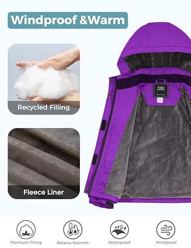 ZSHOW Girls' Ski Jacket Waterproof Fleece Raincoat Windproof Winter Coat - color: Purple, size: 8
