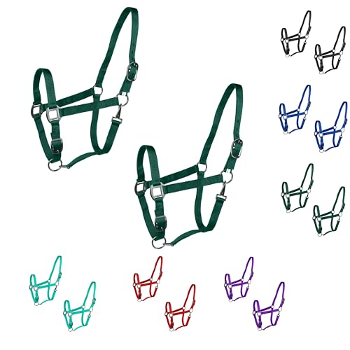 Majestic Ally Pack of 2 Adjustable Halter for Horses–Adjustable Chin and Crown– Sewn-in Throat Snap Hook- Heavy Duty Rose Gold or Black Nickel Finish Hardware–Full - color: Hunter Green