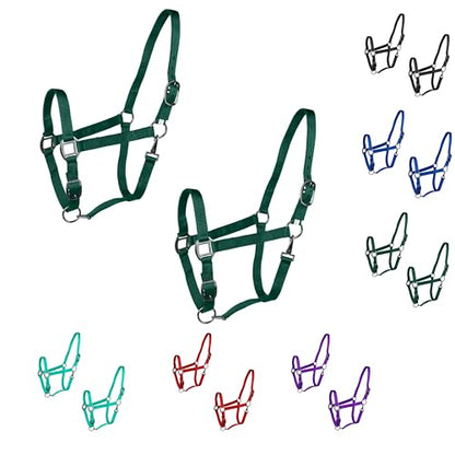 Majestic Ally Pack of 2 Adjustable Halter for Horses–Adjustable Chin and Crown– Sewn-in Throat Snap Hook- Heavy Duty Rose Gold or Black Nickel Finish Hardware–Full - color: Hunter Green