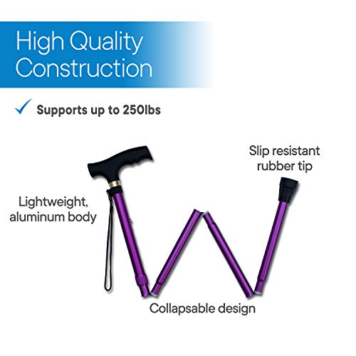 RMS Folding Cane, Adjustable, Lightweight Offset Walking Cane | Aluminum Collapsible Walking Stick with Ergonomic Derby Handle, cane folds for travel and storage - color: Lavender