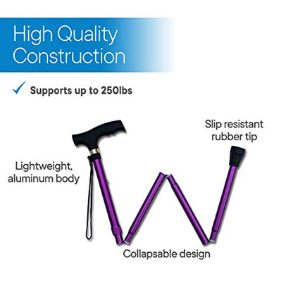 RMS Folding Cane, Adjustable, Lightweight Offset Walking Cane | Aluminum Collapsible Walking Stick with Ergonomic Derby Handle, cane folds for travel and storage - color: Lavender