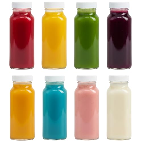kitchentoolz 8oz Square Glass Juice Shot Bottle with Lid – 8 Pack 8 oz Milk Glass Bottles with Lids for Lunch Box, Airtight Reusable Drinking Jars for Smoothies, Yogurt, Kefir, Juice & Water - color: 8oz, style: 8 Pack