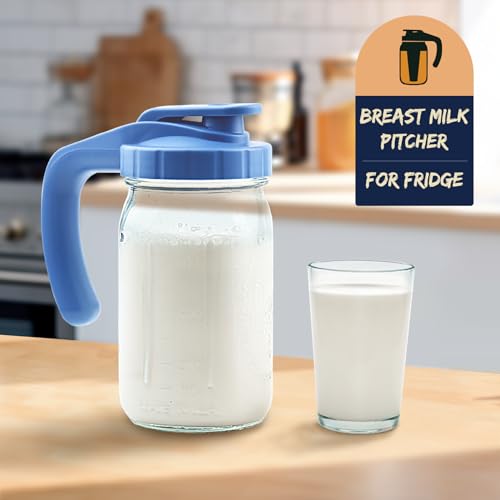 Breast Milk Pitcher, 32oz Glass Pitcher with Flip Top Lid & Handle