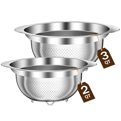 Stainless Steel Strainers for Kitchen, Stainless Steel Colander, Kitchen Strainer for Pasta Fruit Veggie Hot Food, 2 Pack Strainers and Colanders(2QT & 3QT), Dishwasher Safe, Silver - size: 2+3QT