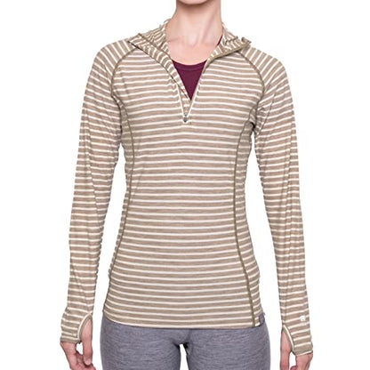 MERIWOOL Women’s Base Layer Hoodie Lightweight Merino Wool Long Sleeve Thermal - color: Camel Stripe, size: Medium
