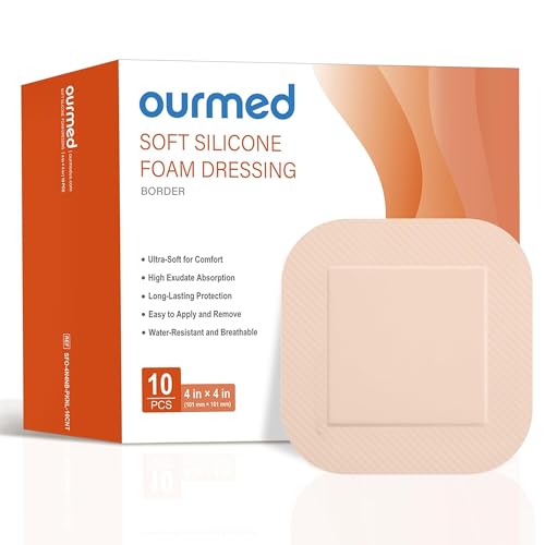 Ourmed Soft Flex Silicone Foam Dressings(4"x 4", Pack of 10) Sterile, Highly Absorbent, Waterproof, Gentle Border, Wound Care for Bed Sores, Pressure Ulcers - size: 4x 4 Inch with border