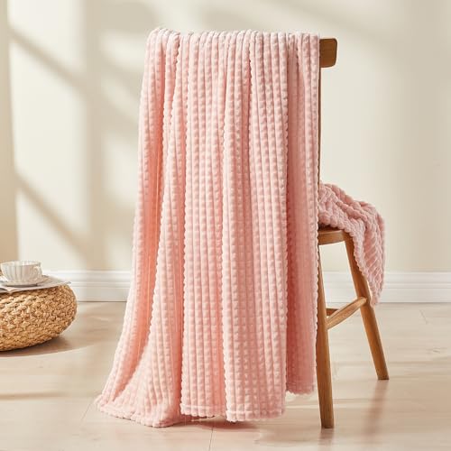 EMME Fleece Blanket, 3D Jacquard Throw Blanket for Couch and Bed, Soft Cozy and Fluffy Blankets Lightweight Luxury Flannel with Geometric Grid Design (Pink, 80" x 90") - color: 16-grid-baby Pink, size: Queen
