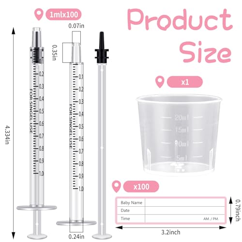 Trelaco 50 Sets 1 Ml Breast Milk Syringes No Needle Colostrum | Sterile Sealed with Caps and Cup, Baby Name Labels, Needle-free Harvesting for Storing Freezing Milk, For Postpartum Moms - size: 1 ml