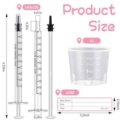 Trelaco 50 Sets 1 Ml Breast Milk Syringes No Needle Colostrum | Sterile Sealed with Caps and Cup, Baby Name Labels, Needle-free Harvesting for Storing Freezing Milk, For Postpartum Moms - size: 1 ml