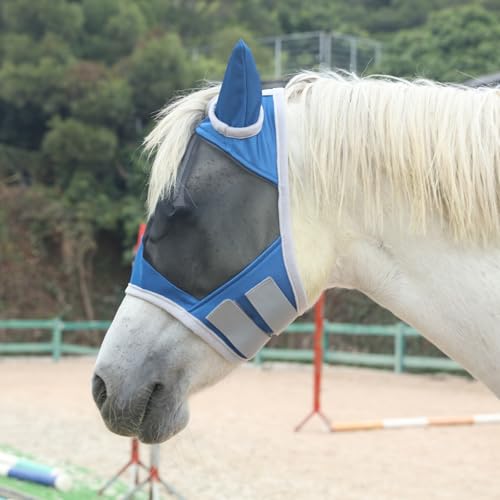 Horse Fly Mask with Ears, Breathable Fine Mesh Royal Blue Cob - color: Royal Blue, size: Cob