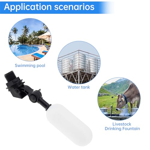 Float Valve, 2 Pcs 1/2 inch Water Level Control Adjustable Arm Automatic Fill Water Valve for Livestock Water Trough, Aquariums with Tape