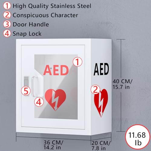 AED Cabinet Wall Mount: Steel Defibrillator Storage Case with Snap Lock and Universal AED Compatibility - for Home/Hospitals/Schools (14.2" W x 7.9" D x 15.7" H) - color: Without Alarm