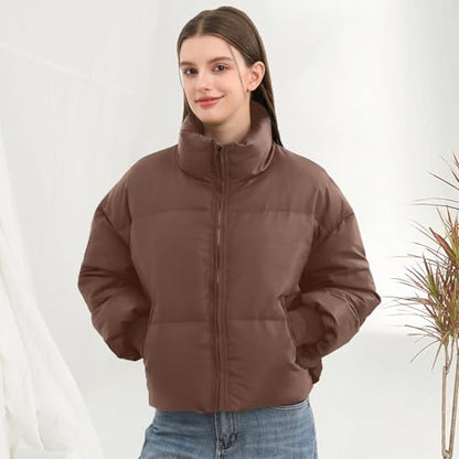 SXGYH Women’s Winter Cropped Puffer Jacket Coat Casual Quilted Baggy Long Sleeve Zip Down Jackets Outerwear - color: Coffee, size: XX-Large