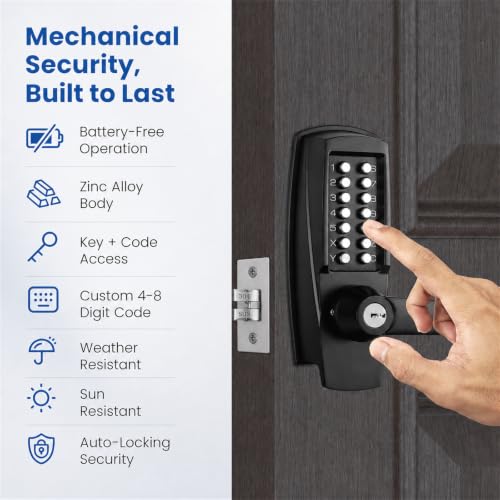 Commercial Keypad Lock with Handle, Battery-Free Mechanical Door Lock - color: Black