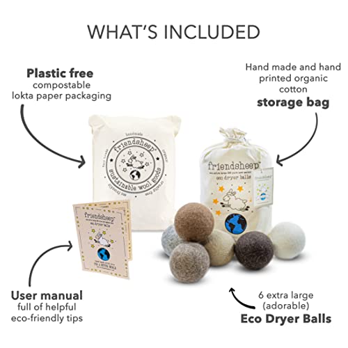 Friendsheep Wool Dryer Balls, Organic Reusable Fabric Softener Alternative for Laundry, Handmade, Fair Trade, Hypoallergenic, Eco-Friendly, Plastic-Free (6 Pack XL - Natural Mystic) | Reusable fabric softener alternative Organic wool, handmade, fair trade