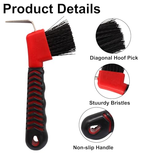 Hoof Pick Brushes, Soft Touch Rubber Handle Portable Hoofpick, Stiff Hoof Pick for Horse Care, Groomers (Red) - color: Red