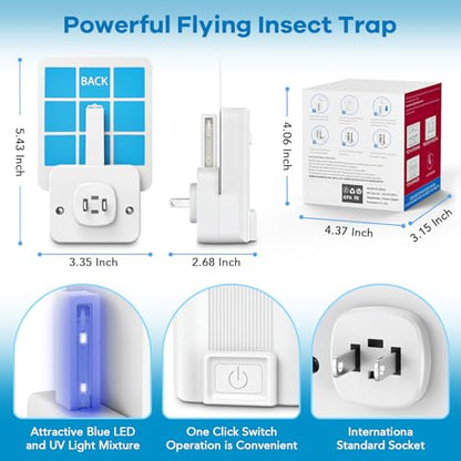 Indoor Fly Trap, Plug-in Fruit Fly Trap with 2 Devices and 6 Sticky Refills | Gnat Trap for Fruit Flies, Gnats, Flies, Moths, and Other Flying Insects—Ideal for Kitchen, Bedroom, and Living Room
