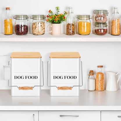 Tioncy 2 Pcs Metal Dog Food Storage Containers Total 10-14 Lbs (50 Cup) Capacity, Airtight Pet Food Canister with Bamboo Lids Scoop DIY Labels Dog Treat Storage Jars for Kitchen Counter(White) - color: White