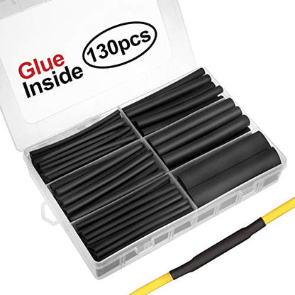 130pcs 3:1 Dual Wall Adhesive Heat Shrink Tubing Kit, 6 Sizes (Diameter): 1/2, 3/8, 1/4, 3/16, 1/8, 3/32 inch, Premium Wire Cable Sleeve Tube Assortment with Storage Case for DIY by MILAPEAK (Black) | Dual Wall, 6 Sizes (Diameter): 1/2, 3/8, 1/4, 3/16, 1/