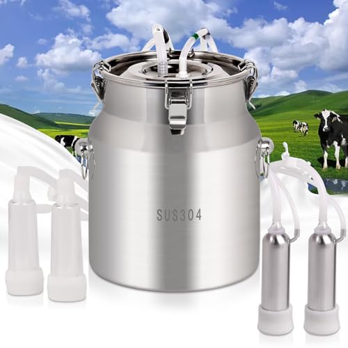 8L Cow/Goat Two-in-One Rechargeable Electric Milker, Goat Milker Machine, Cow Milking Machine, The Latest Pulsation Vacuum Pump with Pressure Gauge, 304 Stainless Steel Bucket (Rechargeable)